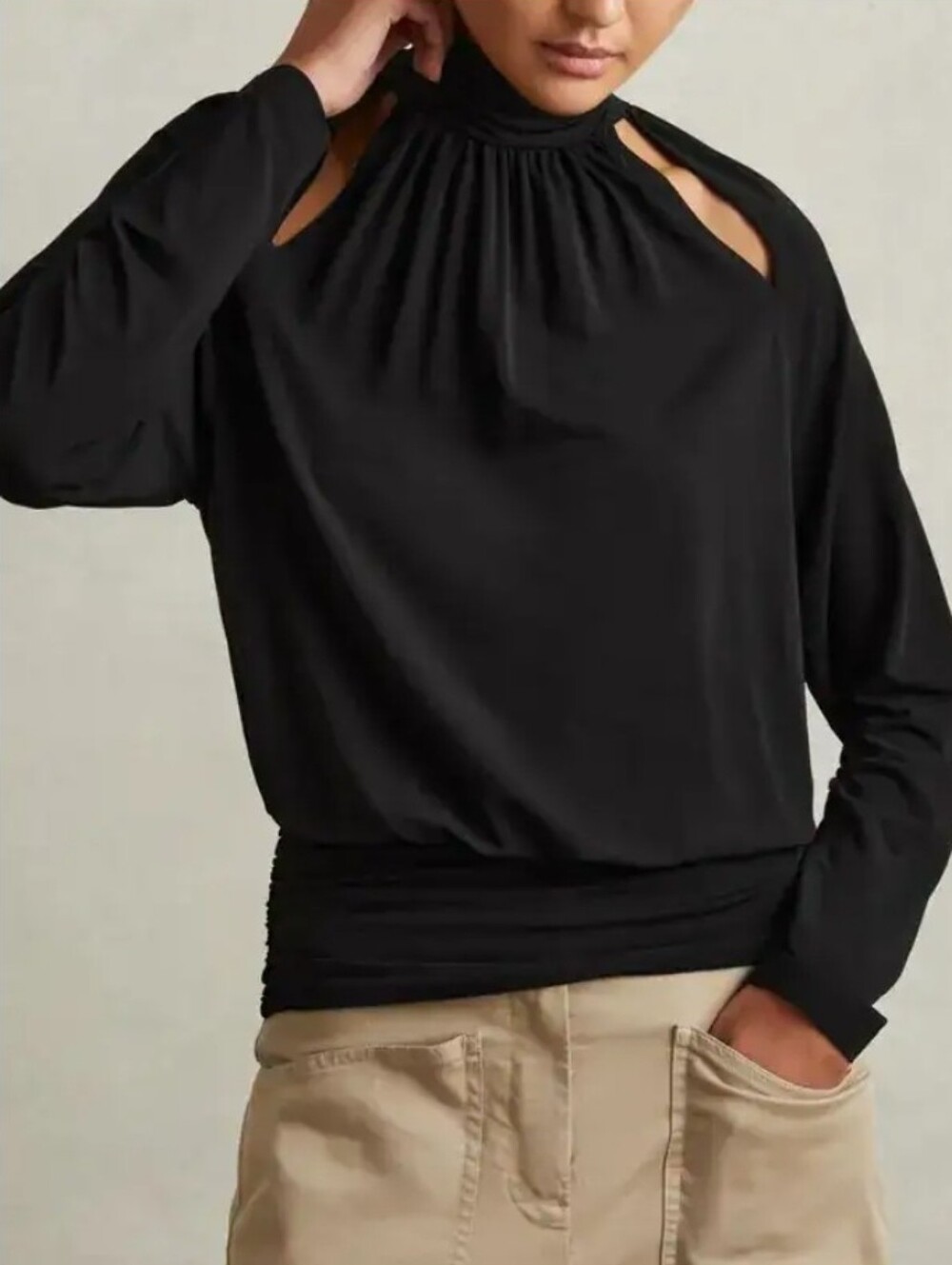 REISS Black Adrienne Cut-Out Blouson Waist Top